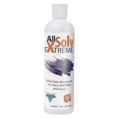 1 Quart bottle of All Solv Extreme by Bridgepoint is a specially formulated gelled solvent designed to remove a wide variety of inks, paints, cosmetics, enamels and adhesives. Water-rinsible for a residue-free finish.