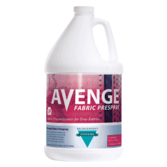 3.87 L Jug of Avenge Fabric Pre-spray by Bridgepoint Systems, a neutral pH blend of surfactants, solvent and builders formulated to emulsify the toughest soils and oils found in upholstery