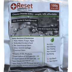 100 Gram package of RESET PURE Cl02 odour neutralizer, the ultimate solution for stubborn odors.