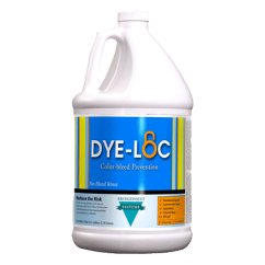 Gallon jug of Dye-Loc colour bleed protection rinse for fabrics and carpets, by Bridgepoint systems.