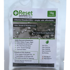 Green Pak of Reset CLO2 Tablets, containing four 4g tablets meant for liquid applications.